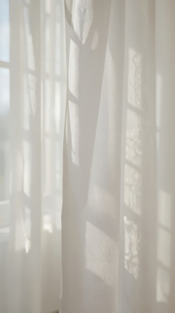 Soft morning light filters through a sheer white curtain, casting gentle shadows and creating a calm, airy atmosphere.の素材