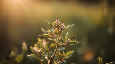 A sprig with tender pink buds and fresh green leaves glows softly in warm golden sunlight, set against a dreamy bokeh background.の素材