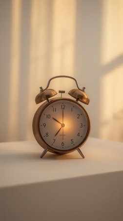 A vintage brass twin bell alarm clock glows softly in warm morning light on a minimalist surface.の素材