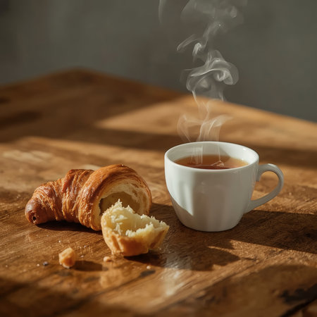 A steaming cup of tea and a flaky croissant rest on a sunlit wooden table, casting soft morning shadows.の素材
