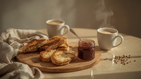 Warm sunlight falls across toasted bread, a jar of red jam, and two steaming cups of coffee on a wooden board.の素材