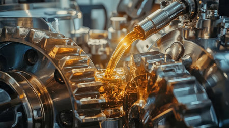 High-resolution macro image of golden engine oil flowing over interlocking metal gears, highlighting texture, reflections and precise lubrication for industrial and editorial use.の素材
