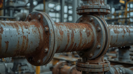 High-detail close-up of rusted industrial piping with water droplets and corroded flanges in dim plant lighting. Suitable for industrial, maintenance and corrosion inspection visuals.の素材