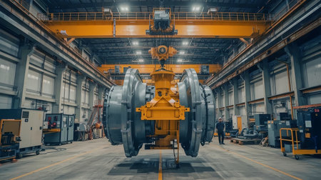 A large turbine rotor suspended from an overhead crane inside a high-bay manufacturing facility. The image highlights scale, industrial detail and controlled ambient lighting.の素材