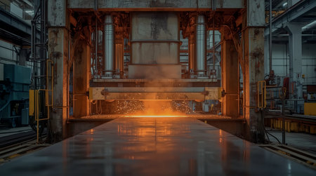 High contrast image of a forging press shaping glowing steel in a dim industrial factory. Dramatic orange illumination and flying sparks highlight heavy machinery and production detail.の素材