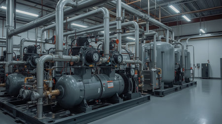 High-resolution image of a modern chiller plant showing compressors, tanks and stainless steel piping in a well-lit industrial mechanical room. Suitable for engineering and HVAC projects.の素材