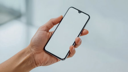 Close up of a hand holding a modern smartphone with a blank white screen for mockups and presentations. Soft natural lighting and a clean neutral background ideal for product or UI display.の素材