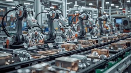 Automated robotic arms operate along a precision assembly line in a modern factory setting. Cool overhead lighting and selective focus emphasize metal components and mechanical motion.の素材