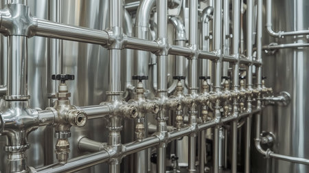Polished stainless steel pipes and valves in a modern brewery tank room are shown under soft diffused lighting. The composition emphasizes reflections, symmetry and precise mechanical detailing.の素材