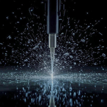 High-speed macro photograph of a metal tip impacting a reflective surface with water droplets and shards scattering in cold blue light. Suitable for technology, industrial and science visuals.の素材