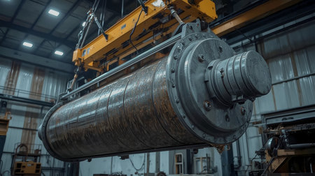 High resolution image of a large oily steel roller hoisted by an overhead crane inside a factory workshop. Suitable for industrial, manufacturing, and maintenance use.の素材