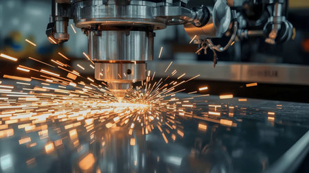 Close-up of a laser cutting machine producing bright orange sparks as it slices reflective steel in a dim industrial workshop. High-detail image for manufacturing and engineering use.の素材