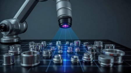 High resolution studio image of a robotic inspection system scanning precision metal components with blue laser metrology. Suitable for industrial automation, quality control and manufacturing visualsの素材