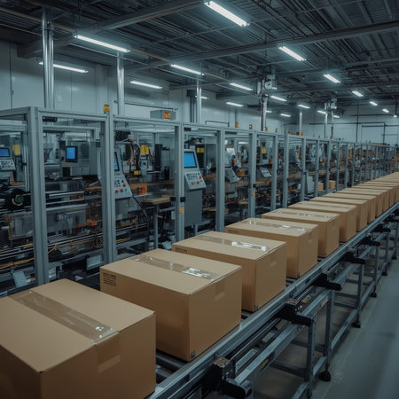A row of sealed cardboard boxes travels on an automated conveyor line inside a clean, modern packaging facility. The scene highlights industrial automation, logistics and efficient production flow.の素材