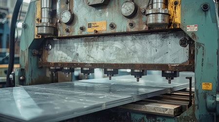 Close-up of an industrial sheet metal punching press in a factory, showing worn tooling and reflective steel sheets under moody, cinematic lighting. Suitable for manufacturing, engineering, and editorの素材