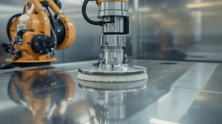 Close-up of an automated polishing robot smoothing a stainless steel surface in a clean factory setting. Cool, soft lighting highlights reflections and machine detail.の素材