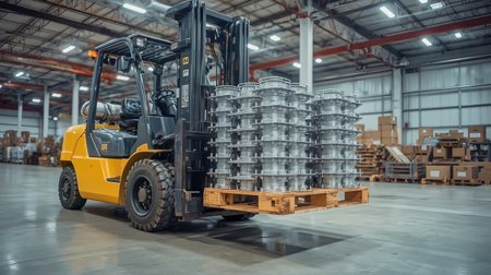 A yellow forklift transports a wooden pallet stacked with multiple shiny aluminum castings inside a spacious warehouse. Overhead LED lights illuminate the clean concrete floor and organized storage.の素材