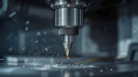 A close-up photograph of a CNC milling machine drill bit cutting steel with sparks and metal shavings under cool workshop lighting. Suitable for industrial, manufacturing, and engineering projects.の素材