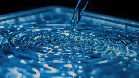 Close-up photo of pouring water creating concentric ripples and reflective blue highlights in a shallow basin. Suitable for environmental, abstract, and product visuals.の素材