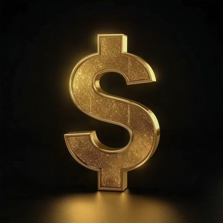 High-contrast studio image of a textured gold dollar symbol on a black backdrop with warm rim lighting and subtle reflection. Suitable for finance, investment and luxury brand use.の素材