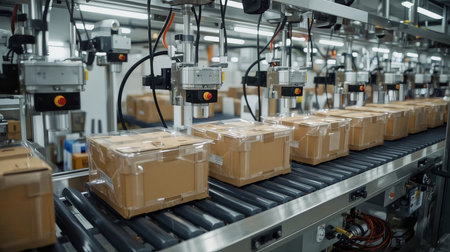 High-volume automated packaging line with cardboard boxes moving on a conveyor as robotic dispensers apply tape and protective film. Industrial warehouse environment with cool LED lighting.の素材