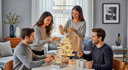 Four friends decorate a small lit white Christmas tree with string lights and metallic ornaments in a modern living room, enjoying a cozy warm holiday atmosphere.の素材