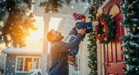 A father lifts his toddler to hang a festive wreath on a red front door during a snowy golden sunset, with warm backlight, evergreen garland and twinkling lights.の素材