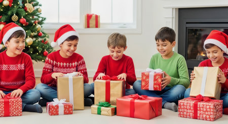 Five boys in festive outfits open wrapped gifts in a cozy, well-lit living room decorated with a Christmas tree and fireplace. Ideal for holiday, family and seasonal promotions.の素材