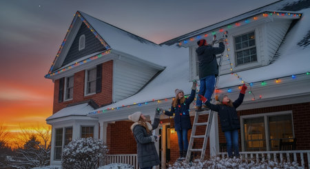 A family decorates the exterior of a snow-covered suburban home with colorful Christmas lights at sunset. Warm porch lighting and a vibrant dusk sky create a festive winter atmosphere.の素材