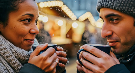 A couple enjoys hot drinks at an outdoor winter market, steam rising from mugs against a backdrop of warm bokeh lights and light snowfall. The image conveys cozy intimacy and seasonal atmosphere.の素材