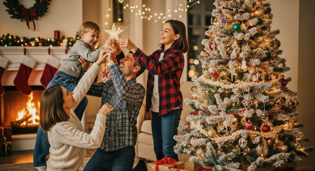 A family decorates a snow-flocked Christmas tree in a cozy living room with warm fireplace glow and soft string lights. Suitable for holiday, lifestyle, and seasonal marketing.の素材