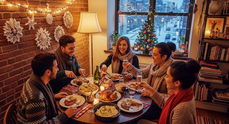 A group of friends share a warm holiday dinner in a cozy brick loft with candlelight and festive decorations. Interior scene features roast chicken, side dishes, wine and a small decorated tree.の素材