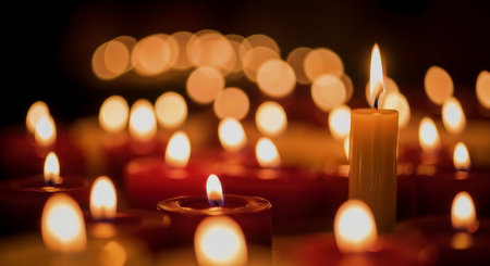 Close-up of a lit pillar candle surrounded by tea lights, captured with shallow depth of field and warm bokeh. Ideal for editorial, commercial, or memorial design use.の素材