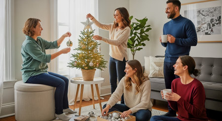 A group of friends decorating a small lit Christmas tree in a cozy sunlit living room. Warm natural light and a casual holiday atmosphere with coffee and smiles.の素材