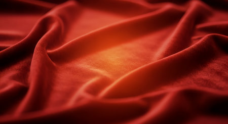 Macro image of red velvet fabric with a warm central glow and soft folds. Suitable for luxury backgrounds, textile presentations, and editorial layouts.の素材