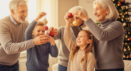 Three generations joyfully hang ornaments on a Christmas tree in a cozy, sunlit living room. Warm tones and natural light emphasize family connection and festive atmosphere.の素材
