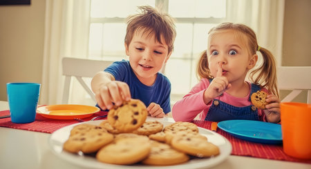 Two young children share cookies at a bright kitchen table while the girl gestures for quiet. Warm natural light and colorful tableware emphasize a playful, homey family moment.の素材