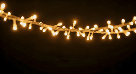 Close-up of warm LED string lights against a dark background. The image shows soft bokeh and cozy ambient lighting ideal for holiday, event, or interior design use.の素材