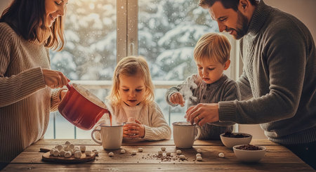 A family prepares hot chocolate together at a sunlit kitchen table with snow visible through the window. Warm, cozy atmosphere with marshmallows and rustic seasonal styling.の素材