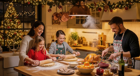 A joyful family prepares a holiday meal together in a warmly lit kitchen, children rolling dough while parents carve a roast turkey. Suitable for seasonal, lifestyle, and culinary projects.の素材