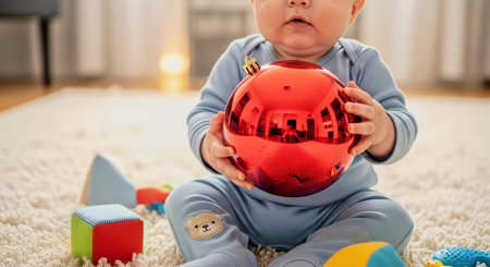 Close up of a baby holding a large reflective red Christmas ornament on a plush cream rug with warm ambient lighting and scattered toys.の素材