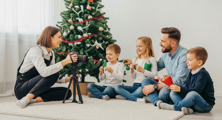 Professional photographer captures a family decorating a Christmas tree in warm natural light in a cozy living room. Suitable for holiday and lifestyle uses.の素材