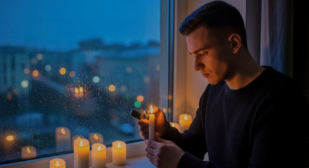 A young man lights candles on a windowsill during a rainy evening, the warm flames reflecting against cool blue city bokeh outside. Suitable for lifestyle, interior design, and mood imagery.の素材