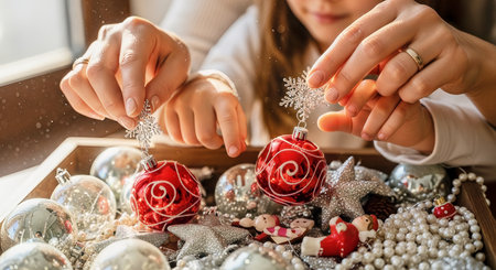 Close up of mother and child arranging red glass baubles and silver stars in a wooden tray under warm natural light. Suitable for holiday, craft, and family themed projects.の素材