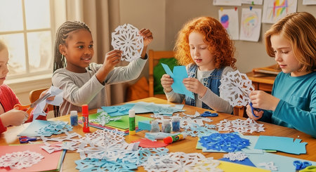 Group of children cutting and assembling paper snowflakes at a sunlit craft table with colorful supplies. Suitable for education, holiday, seasonal and family lifestyle projects.の素材