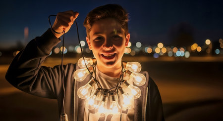 A teenage boy wearing a string of warm glowing bulbs around his neck smiles at night against a blurred city bokeh background. Warm lighting and a candid expression create a playful evening mood.の素材