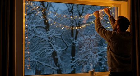 A man hangs warm fairy lights around a large window as dusk falls and snow covers the trees outside. Soft interior lighting and a steaming mug create a cozy, inviting winter atmosphere.の素材