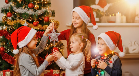 Four children wear Santa hats as they decorate a Christmas tree together in a cozy living room with warm lighting and festive ornaments. A joyful family holiday scene suitable for seasonal marketing.の素材