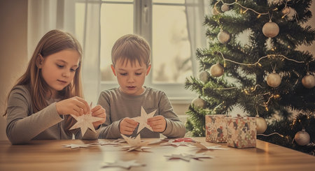 Two children craft paper star ornaments at a festive table beside a decorated Christmas tree. Warm window light and soft golden tones create a cozy holiday atmosphere.の素材