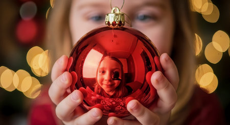 Close-up image of a child's face reflected in a glossy red Christmas ornament with warm bokeh lights creating a cozy holiday mood. Suitable for seasonal and family themed projects.の素材